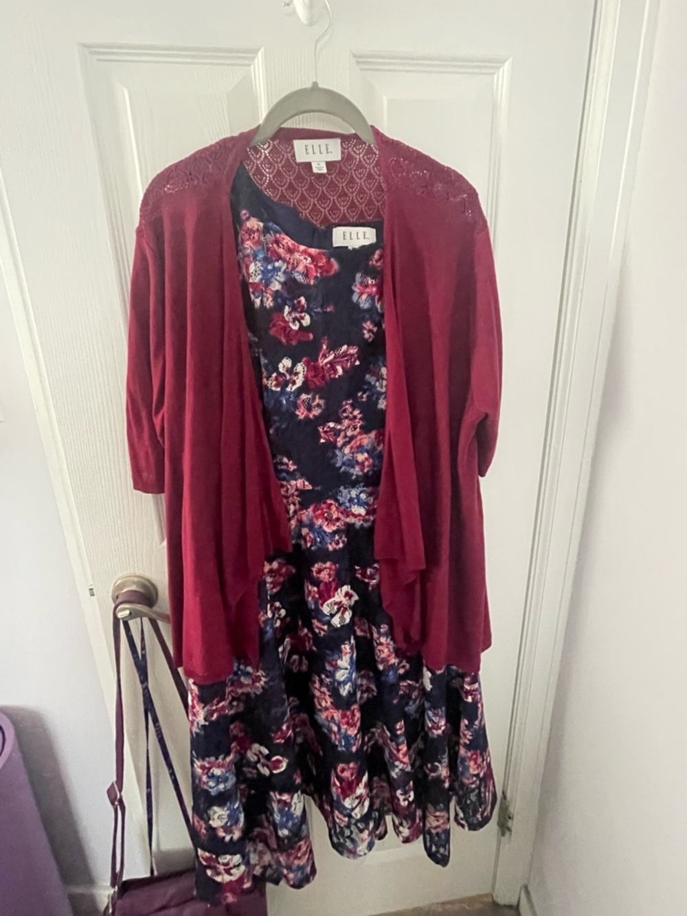 Elle Navy Floral Dress with Burgundy Cardigan